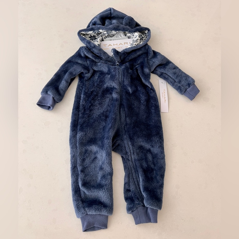 NWT TAHARI Baby Pram Fuzzy Hooded Onesie